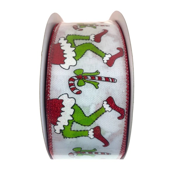 9 Feet Canvas 2.5” Green Monster Elf Legs Candy Canes Christmas Ribbon - Picture 1 of 3